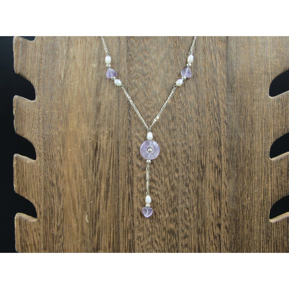 18 Inch Sterling Silver Amethyst Stone Hearts With Pearls Necklace